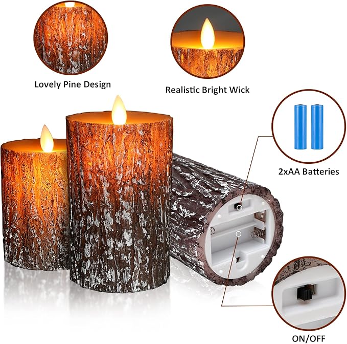 JOSU LED Flameless Candles Pine Bark Effect, Battery Operated Candles with Remote Control, LED Fake Candles, 4" 5" 6" Pack of 3, for Wedding Decor, Table Decor, Home Decoration Gifts (Pine Bark)