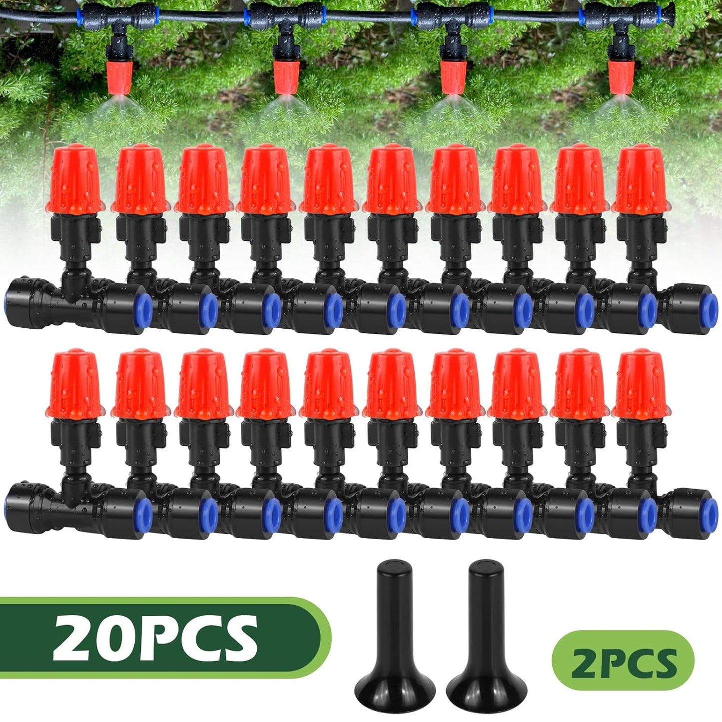 20PCS Adjustable Drip Irrigation Emitters(Mist)Kit-Quick Connect for 1/4" Tubing, Water-Saving, Dual Adjustment System-Easy to Install Drippers for Precise Garden Watering of Vegetables,Shrubs&Flowers