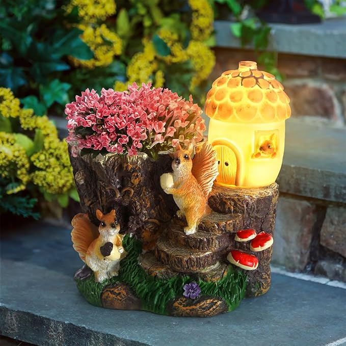 Solar Garden Statue Squirrel Decor,Flower Pots Planters Pots for Succulent,Outdoor Garden Sculpture for Patio Balcony Yard Lawn Decor,Unique Gift for Dad Mom Grandma
