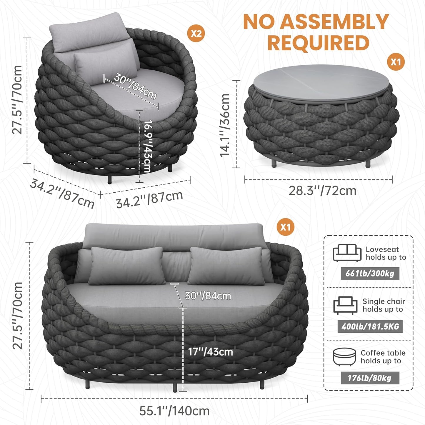 4-Piece Woven Rope Outdoor Seating Set: Alumunim Frame, No Assembly, All-Weather Accent Patio Furniture - Modern Garden Lounge Conversation Set for Backyard Deck Porch Poolside Hotel