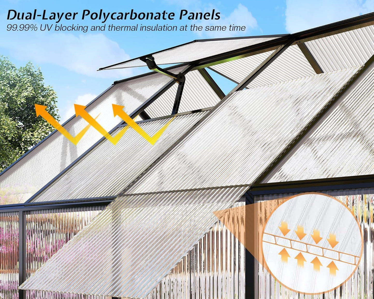 Jocisland 8x10x7 FT Polycarbonate Greenhouses for Outdoors, 2 Top-Opening Windows, 2 Swing Doors, Aluminum Walk-in Heavy Duty for Outdoor Use, Backyard Garden, Black