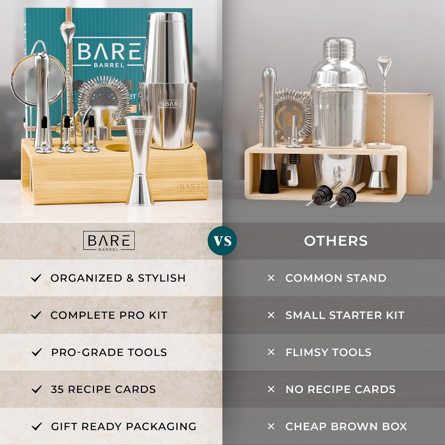 BARE BARREL® Mixology Bartender Kit Bar Set | 14-Piece Cocktail Shaker Set | Martini Barware Mixing Tools for Home Bartending | Incl. 35 Recipe Cards | Gift Set (28oz Boston Shaker, Silver/Natural)