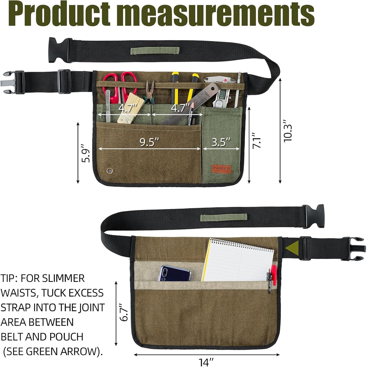 Garden Tool Belt for Men & Women, Denim Wide Adjustable 5-Pocket Waist Garden Apron - Heavy Duty Tool Pouch for Gardening, DIY, Carpenter, Woodworking, Painting, Seamstress, and Crafts (Green)