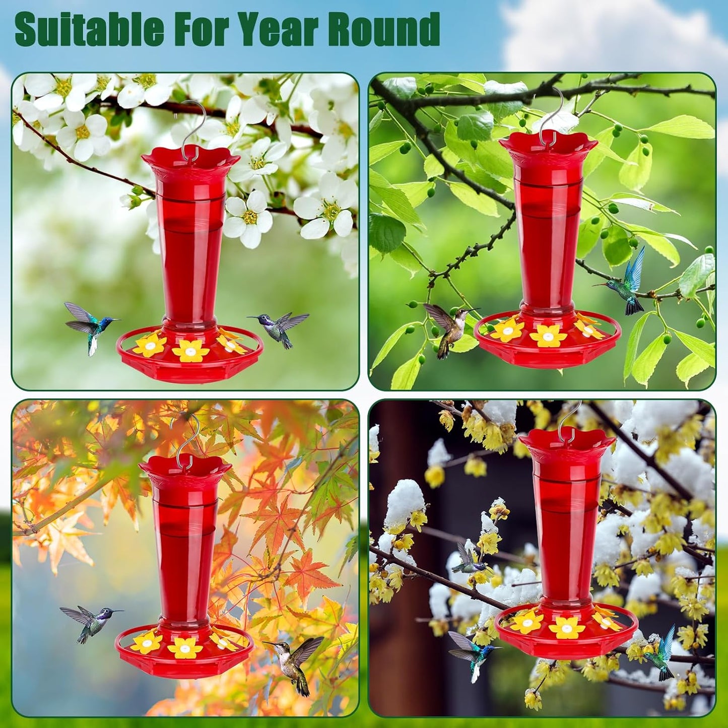 Glass Hummingbird Feeders for Outdoors Hanging Ant and Bee Proof Red 10 OZ Bird Feeders for Outside Hanging 6 Feeding Stations Bird Nectar Feeder for Garden Yard Décor Gifts for Mom