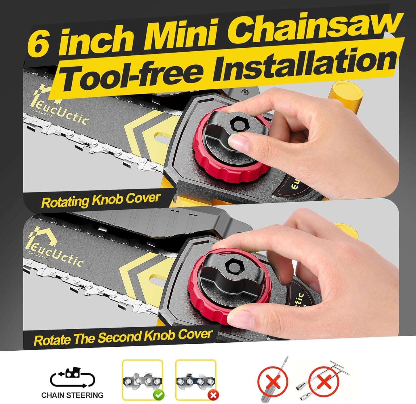 Mini Chainsaw Cordless 6-Inch, 21V Small Chainsaw with 2 Battery Handheld Electric Chain saw–Lightweight&Safe for Wood Cutting, Tree Trimming, Home, Garden, DIY, Best Gifts for Dad, Women (yellow)