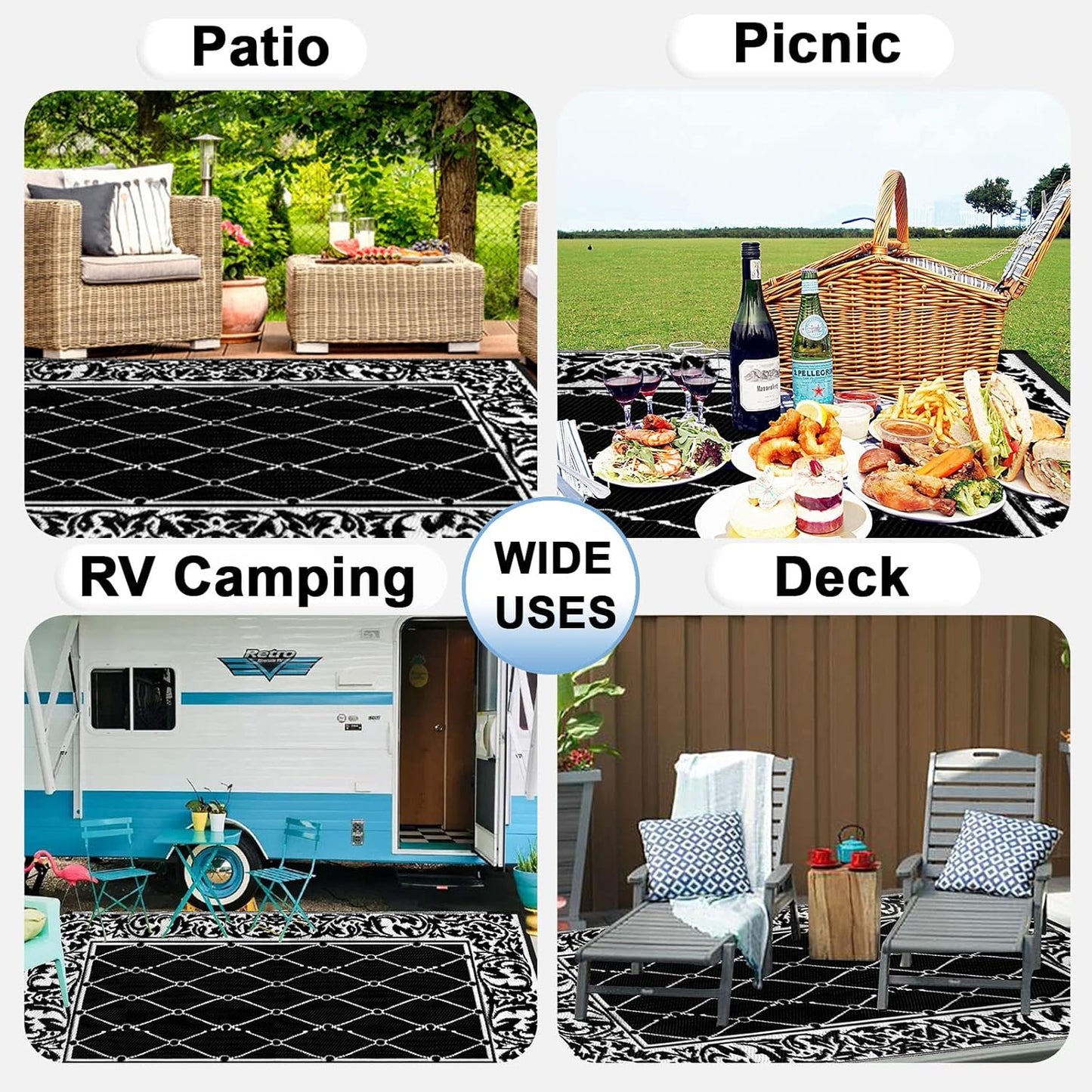 OutdoorLines Indoor Outdoor Rugs for Patio 5x8 ft - Reversible Outside Carpet, Stain & UV Resistant Portable RV Mats, Plastic Straw Rug for Camping, Pool Deck, Porch Rhombus Black & White