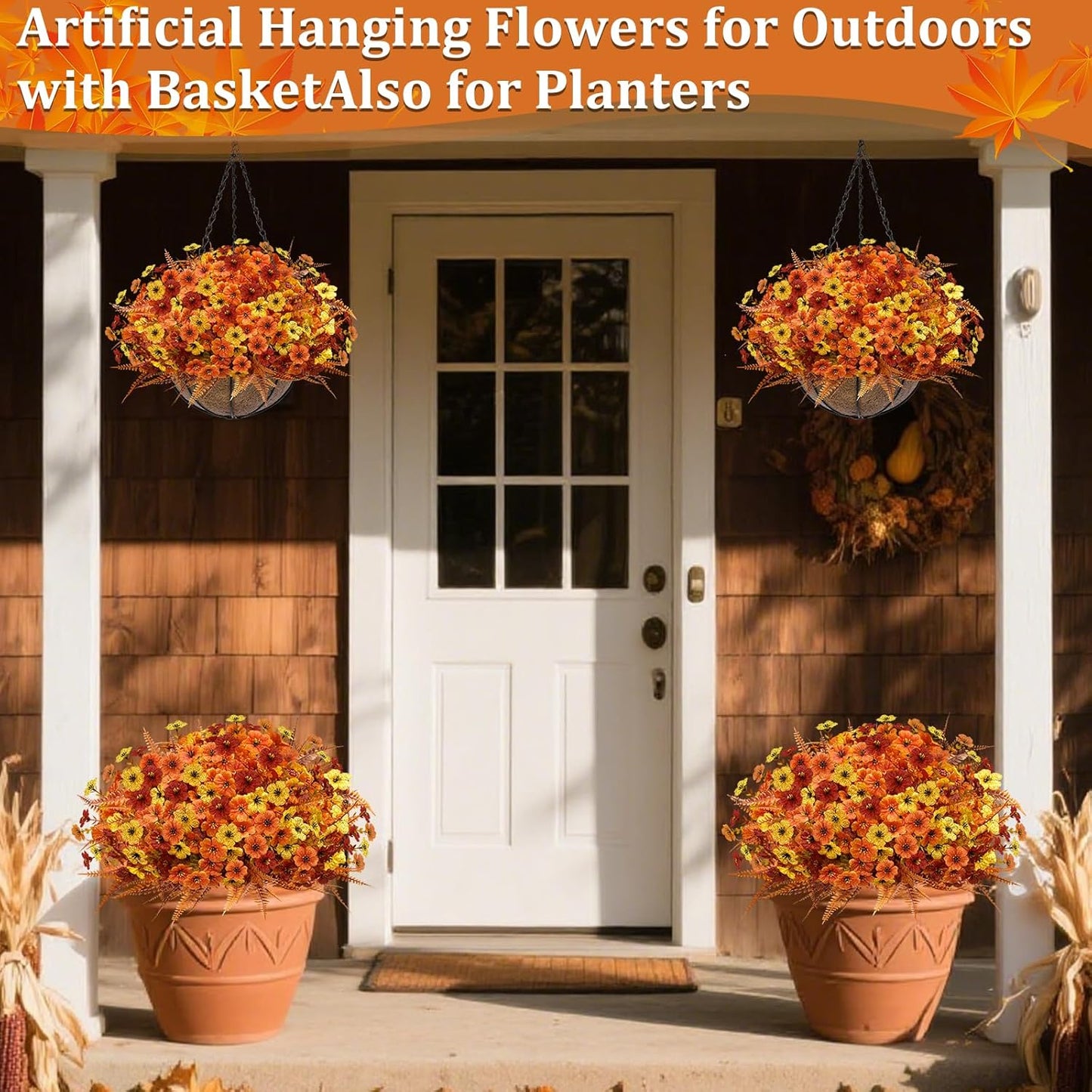 Artificial Fake Hanging Baskets Fall Flowers for Outdoors Decoration, 189 Silk Mums & 54 Boston Ferns UV Resistant Look Real Faux Plants for Outside Yard Patio Porch Garden Balcony Home Autumn Decor