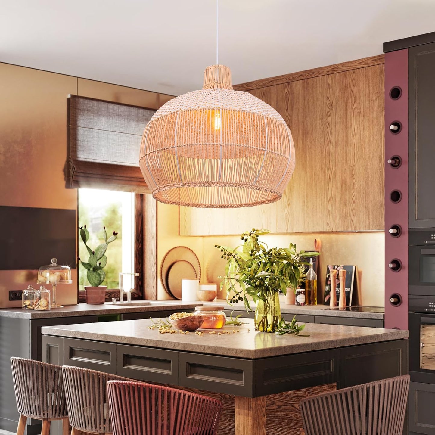 Arturesthome White Handwoven Rattan Boho Pendant Lighting Fixtures, Wicker Hanging Ceiling Light Chandelier, Handmade Woven Basket Lampshade for Kitchen Island