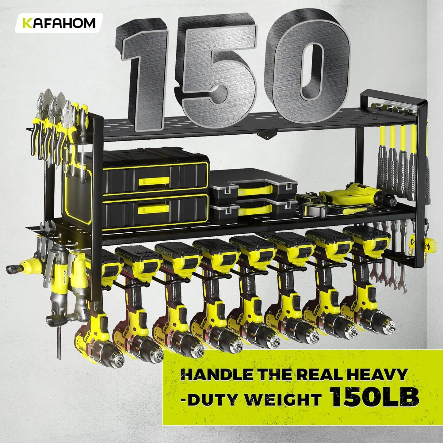 KAFAHOM Power Tool Organizer for Tool Storage, 8 Drill Holder Wall Mount, Tool Holder and Storage Rack for Garage Organization, Heavy Duty Metal Tool Shelf with Air tool/Screwdriver/Hammer Holder