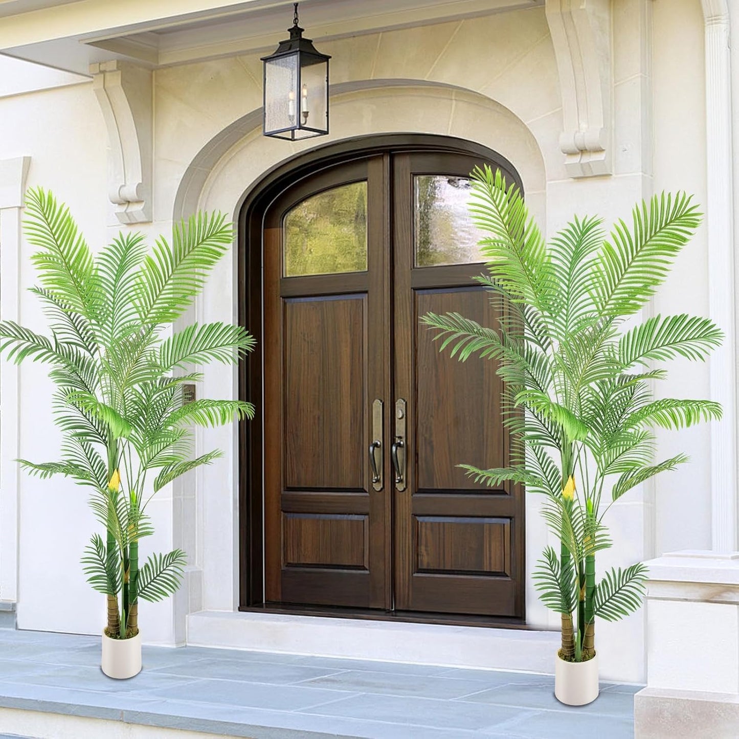 Artificial Fake Palm Tree 8FT 2Pack with White Planter & Free Moss, UV Resistant Artificial Palm Tree for Outdoors, Fake Plants for Poolside Home Room Decor, Faux Plants Outdoor Decor