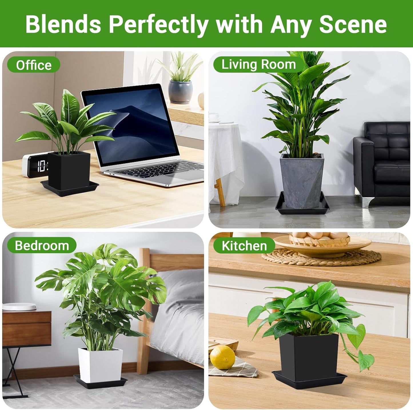 GREANER Plant Trays for Pots Square, 6 Inch Plant Drip Trays, Black Plant Plates to Catch Water Indoor Plants, Plant Tray for Indoor Outdoor Flower Pots and Planters, Bulk(6 PCS)