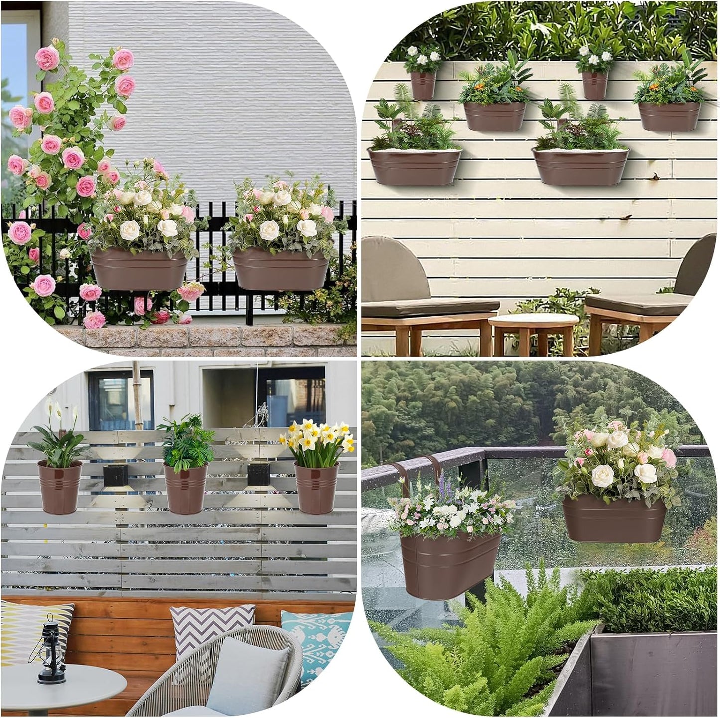 3 Different Size Metal Iron Hanging Flower Pots 13 Pcs for Outdoor Plants Metal Hanging Bucket Pots Iron Railing Fence Planter with Drainage Holes and Hooks for Porch Railing Balcony Fence (Bronze)