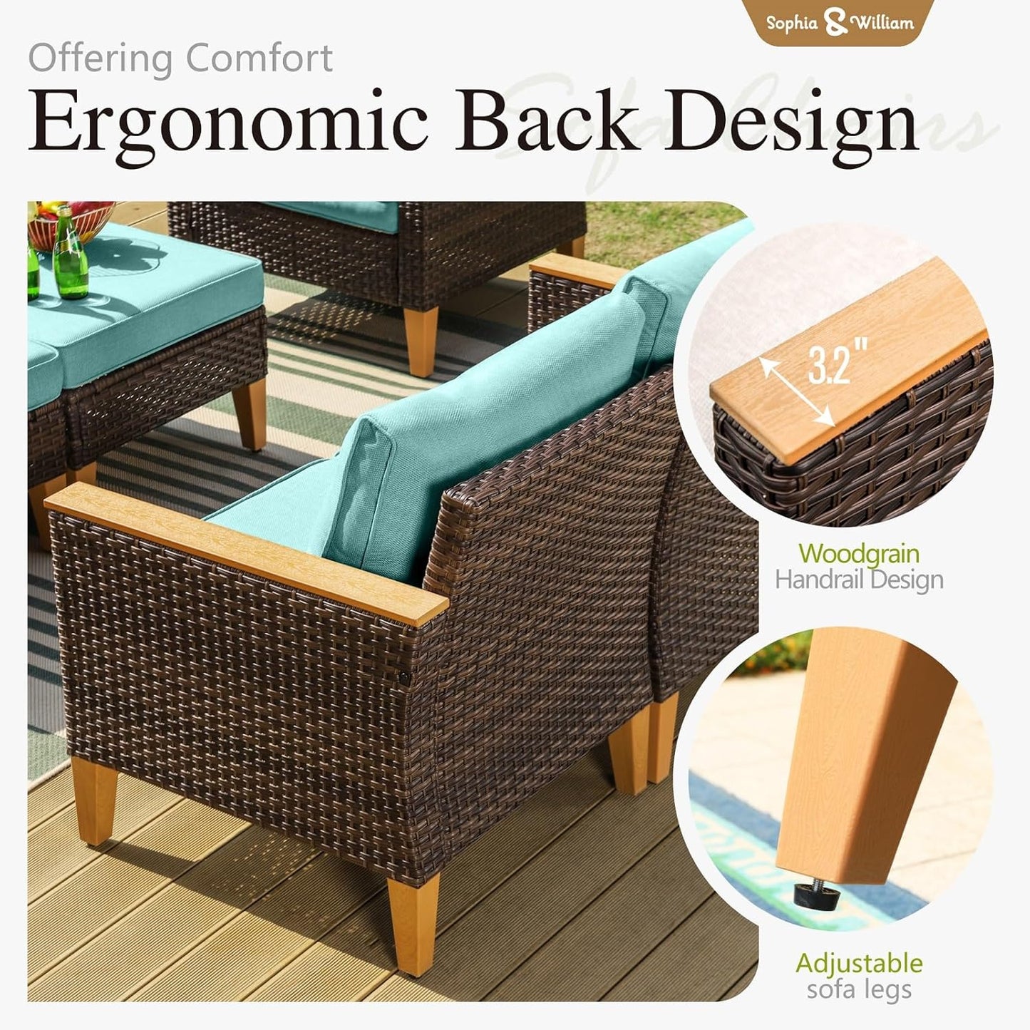 Sophia & William Patio Furniture Set, 10 Piece Half Moon Outdoor Wicker Sectional Sofa Set, High Back Rattan Conversation Set with Ottoman for Backyard, Deck, Pool(Aqua Blue)