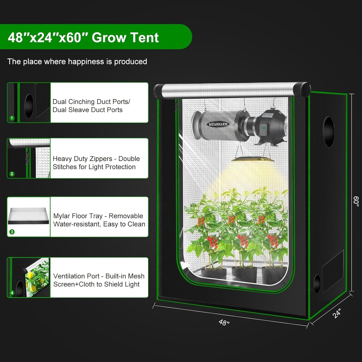 MELONFARM 4x2 Grow Tent, 48"x24"x72" Double Transparent Viewing Door Indoor Grow Tent, Growing Tent with High Reflective Mylar & Floor Tray, Plant Tent for Indoor Hydroponics Growing