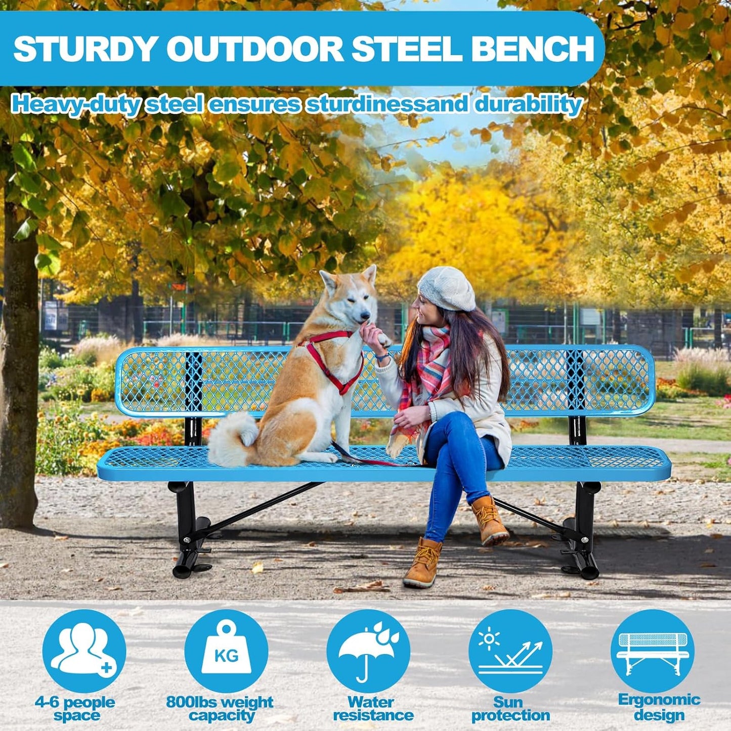 Thermoplastic Coated Iron Park Bench for Outside, Heavy Duty Metal Garden Bench, Expanded Commercial Grade Seating for Shopping Malls, Lawn Yard Porch Entryway (Blue with Backrest, 96IN)