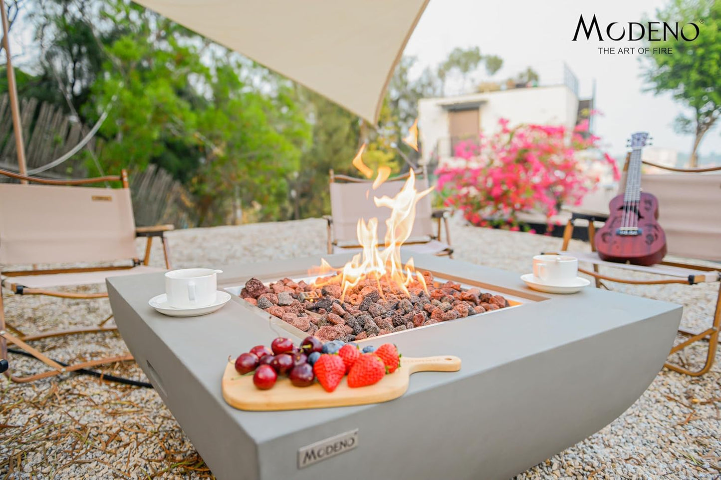 AMS Fireplace | Modeno Westport Package | Light Gray Natural Gas Fire Pit Table for Outside Patio Bundle with Wind Guard, and SS Burner Lid | Free Ice Bucket & Rubber Mat