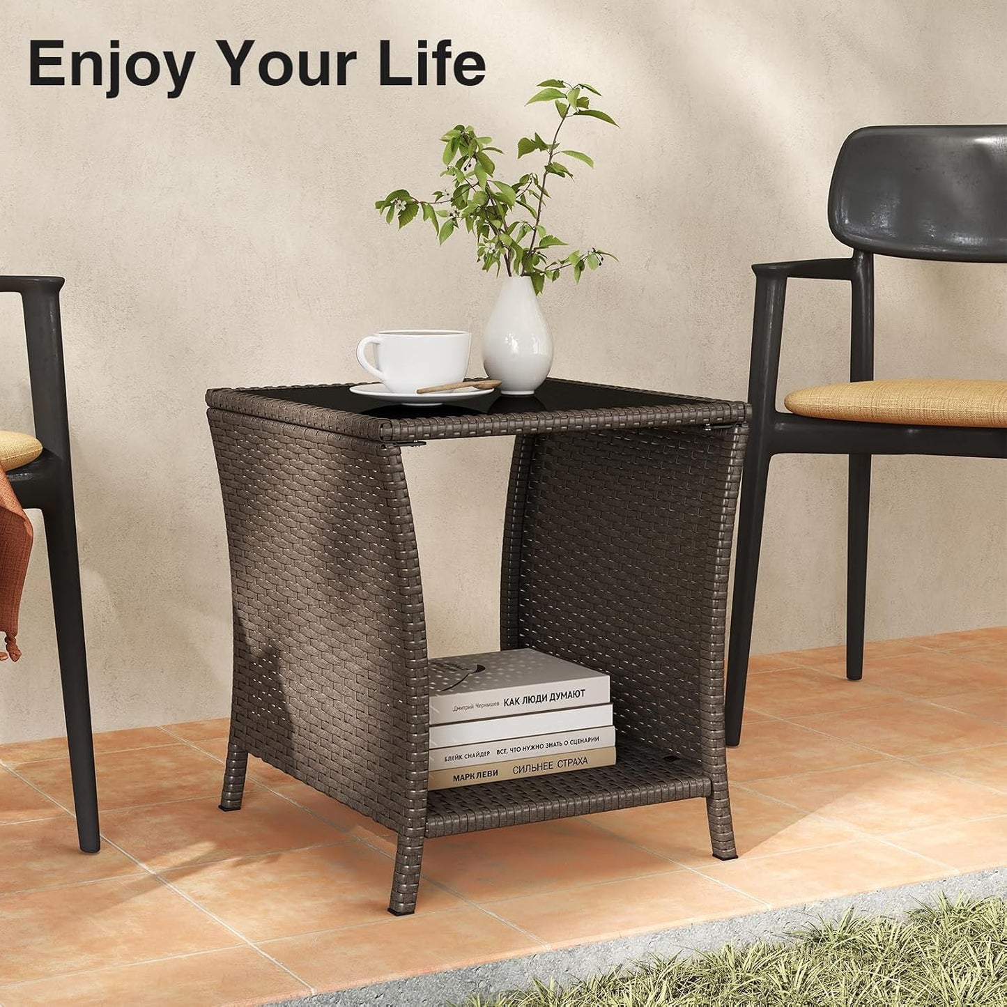 Outdoor Small Patio Table - PE Rattan Coffee Table, Wicker Side Table for Patio, Balcony & Porch, Durable & Iron Frame (1, Sesame)