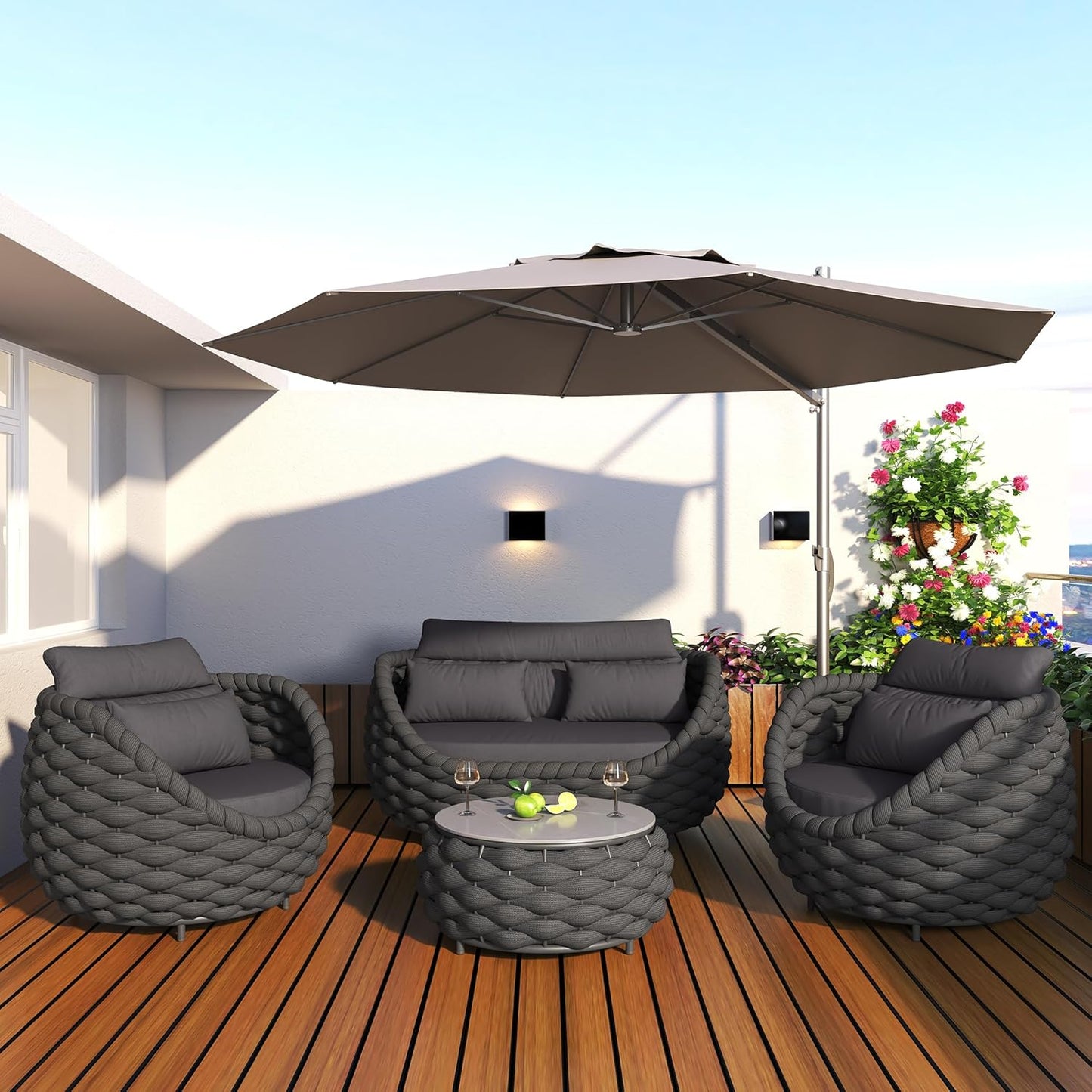 TWT Patio Furniture Set 4 Pieces Aluminum Outdoor Furniture w/27.8in Coffee Table,Patio Conversation Set with Hand Woven Polyester Rope for Backyard Garden Poolside,Dark Gray