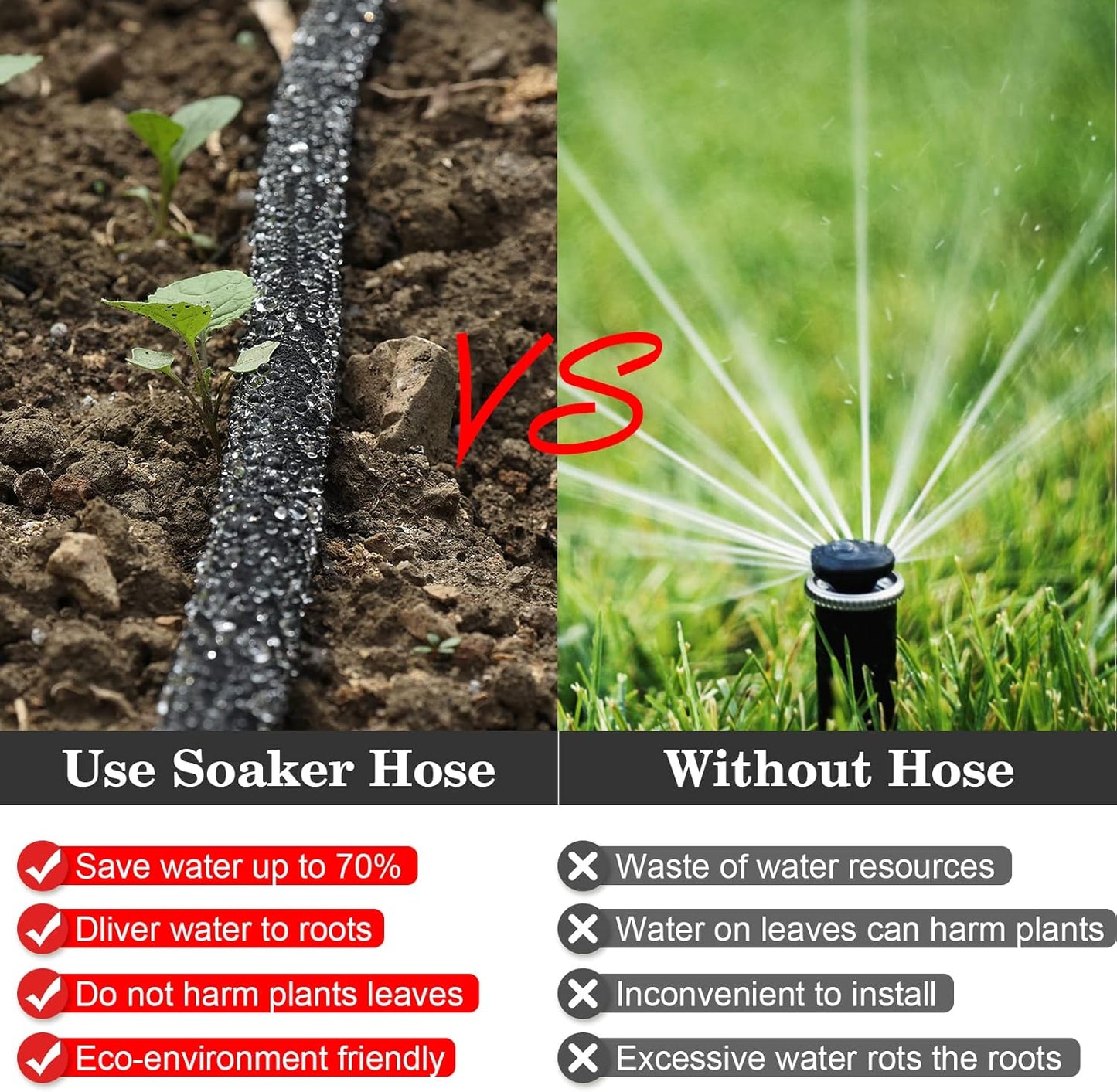 Soaker Hose 25 FT Pro for Garden Beds 1/2 Inch Rubber Longer Lasting Drip Irrigation Save 70% of Water Various Accessories Great for Lawn and Yard