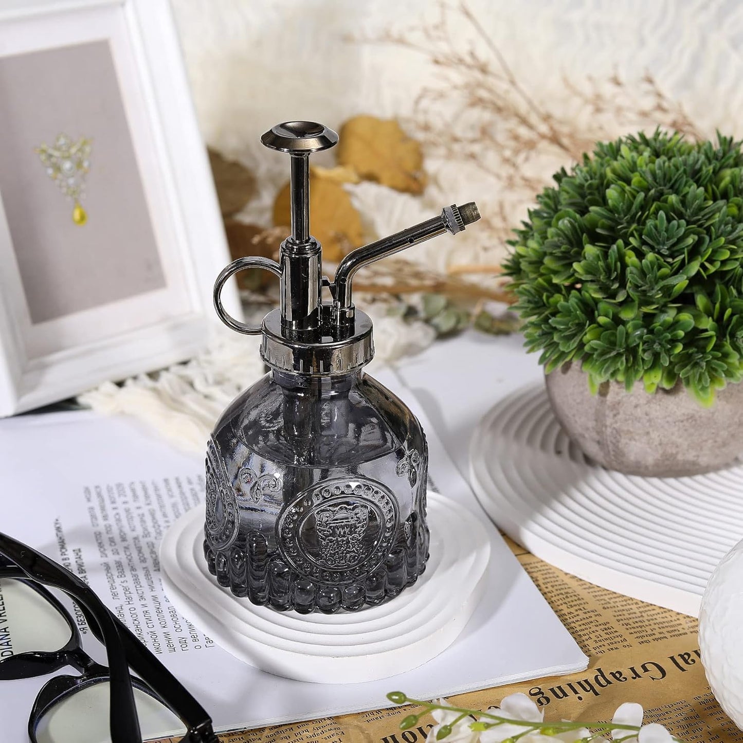 Glass Plant Mister Spray Bottle, Vintage Plant Water Spritzer, Succulent Spray Bottle with Top Pump, Small Glass Sprayer Mister Watering Can for Indoor Outdoor Houseplant - Grey