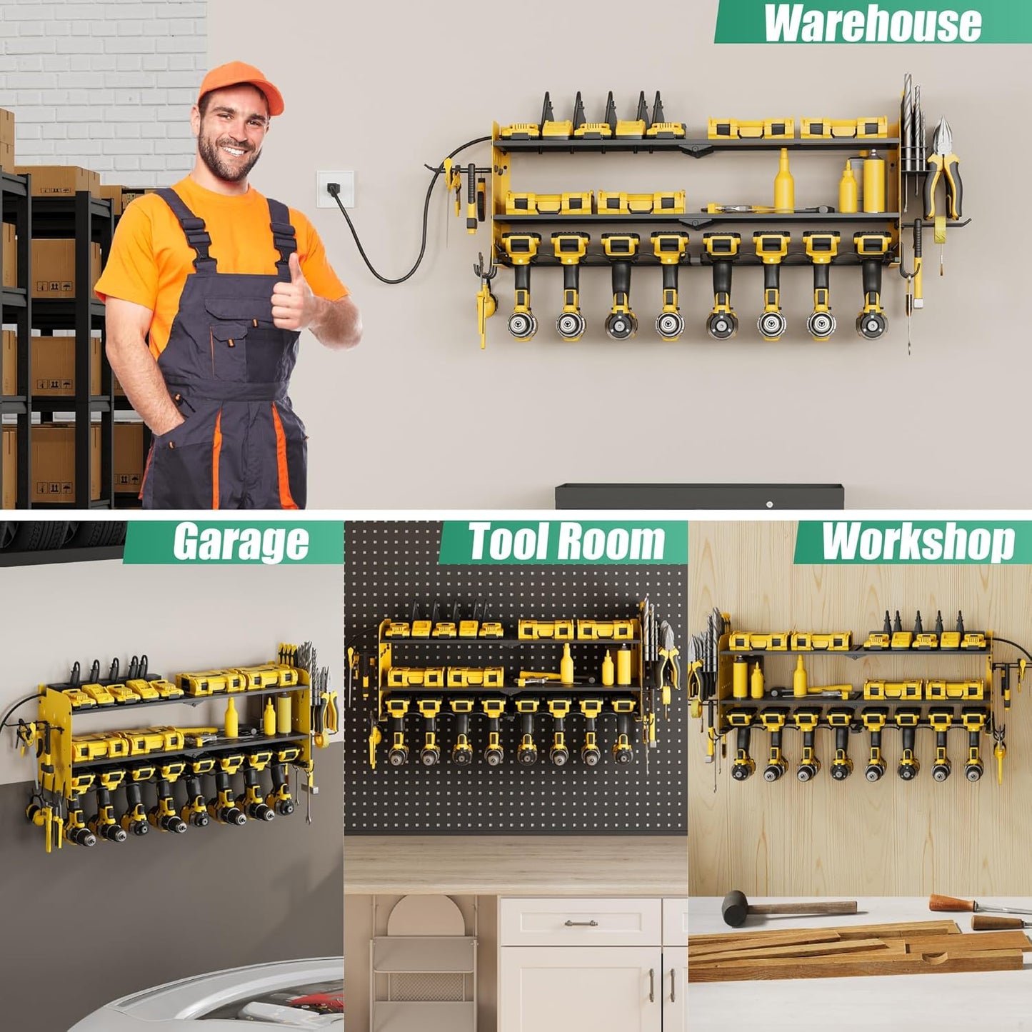 Suchtale Power Tool Organizer with Charging Station,33.2" Garage 8 Drill Holders Wall Mount,3 Layers Heavy Duty Metal Tool Shelf with 8 Outlets Power Strip, Gift for Men, Father, Yellow