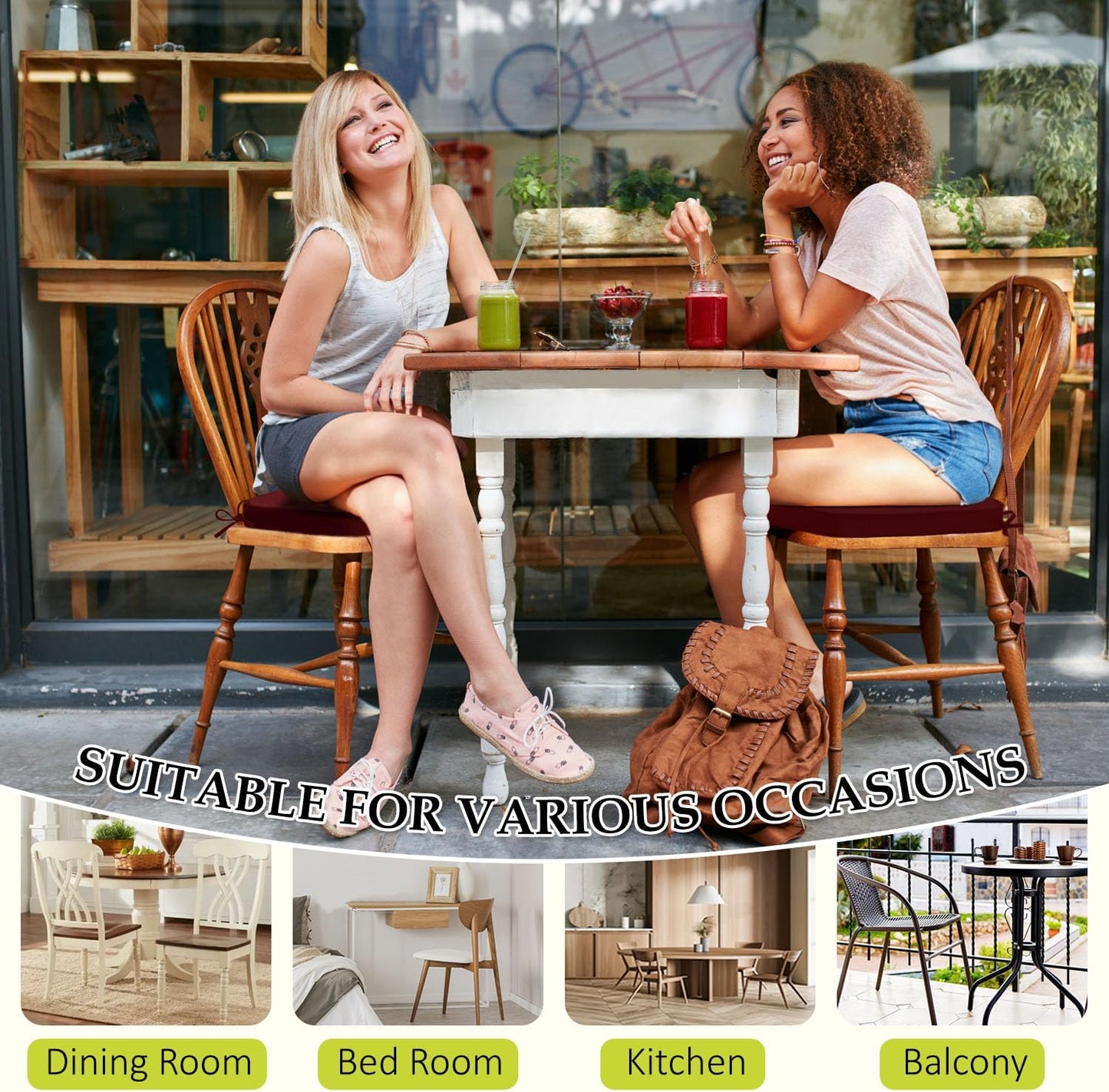 Chair Cushions for Dining Chairs, Indoor Chair Cushions with Ties,Waterproof Chair Pads Set of 6, Burgundy, 17x16x2.5 Inch