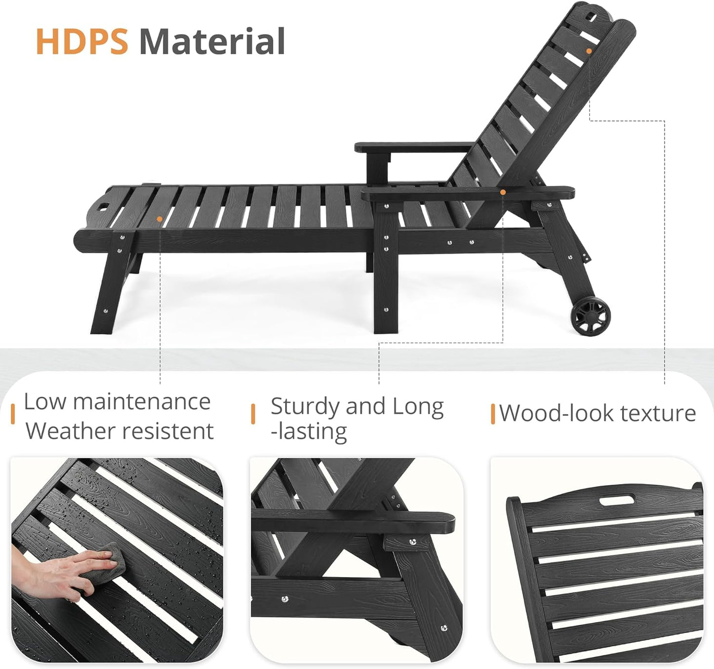 LUE BONA Outdoor Chaise Lounge, 79'' Oversized HDPS Chaise Lounger, 5 Positions Adjustable Lounge Chairs, Pool Lounge Chair with Wheels for Poolside, Backyard, 3 Year Warranty, Black