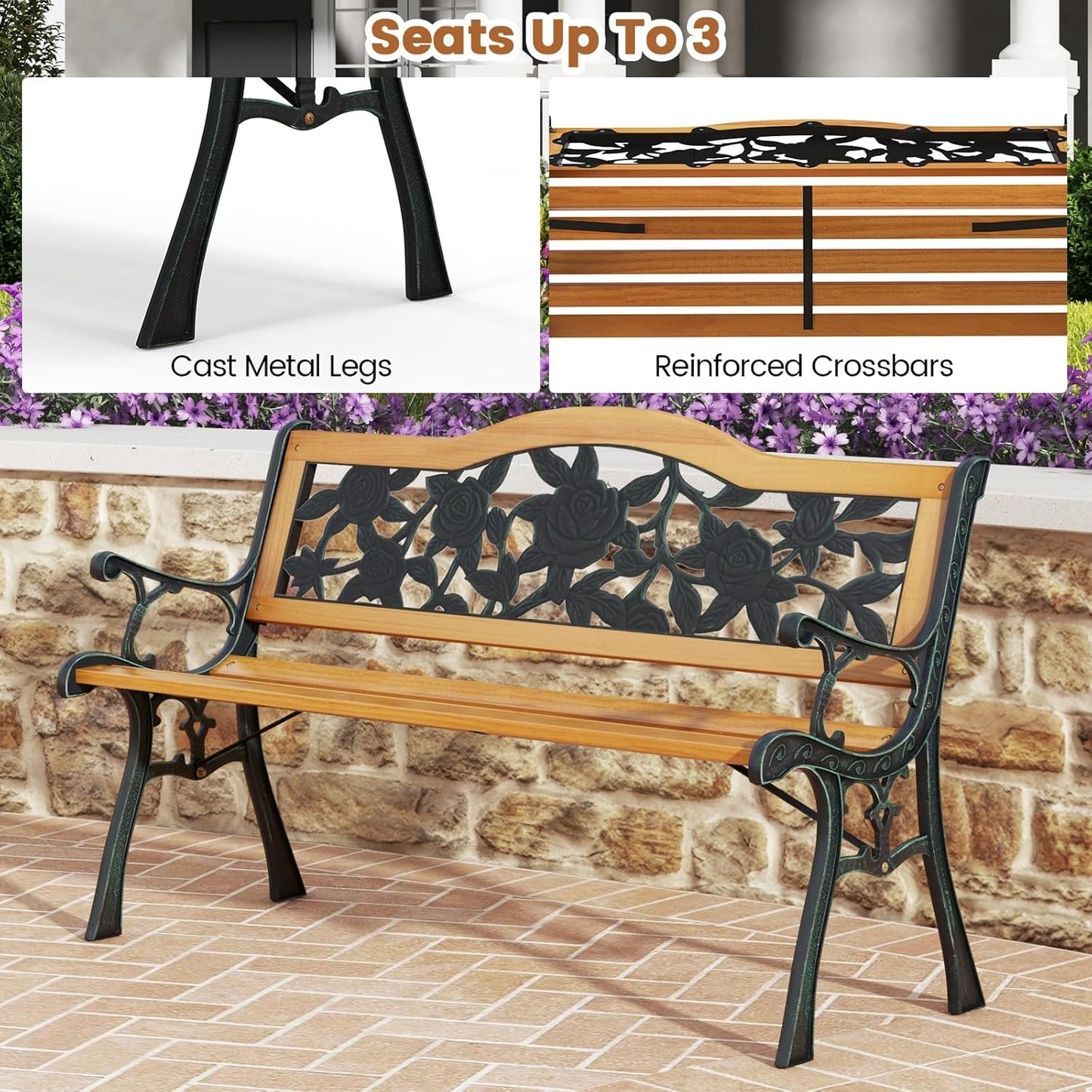 Tangkula Outdoor Garden Bench Park Bench, Patio Furniture Bench Chair with Cast Iron & Hardwood Structure, Weather Proof Porch Loveseat, Perfect for Backyard, Deck, Lawn, Poolside