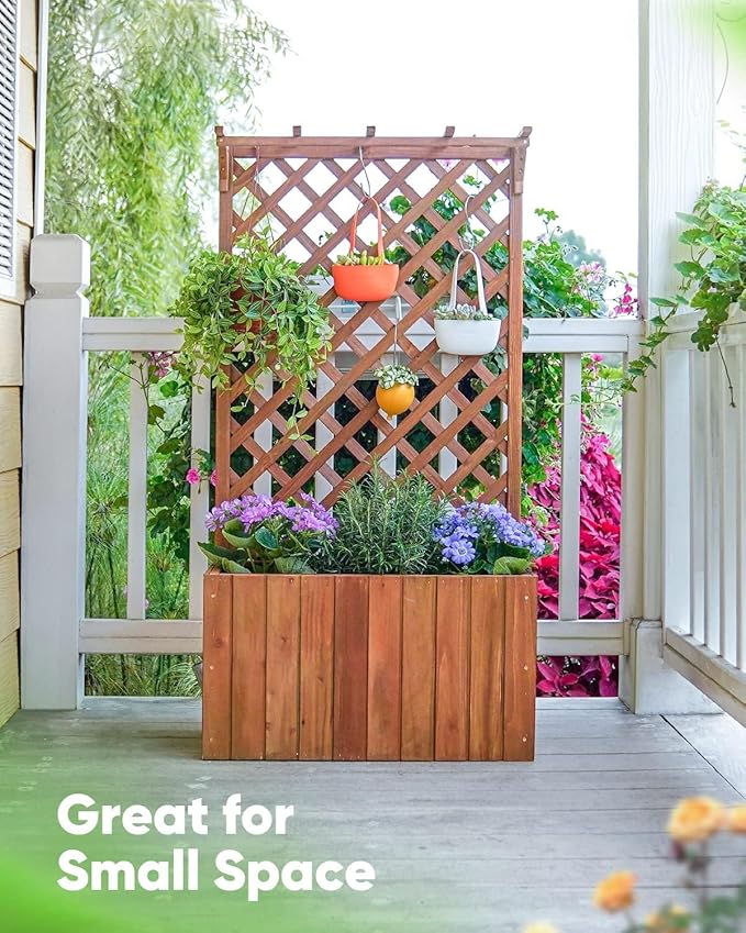 Quictent Raised Garden Bed Wood Planter Box with Lattice Trellis for Vine Climbing Plants Flower Free-Standing, for Patio Garden Indoor Outdoor 25x12x48 in