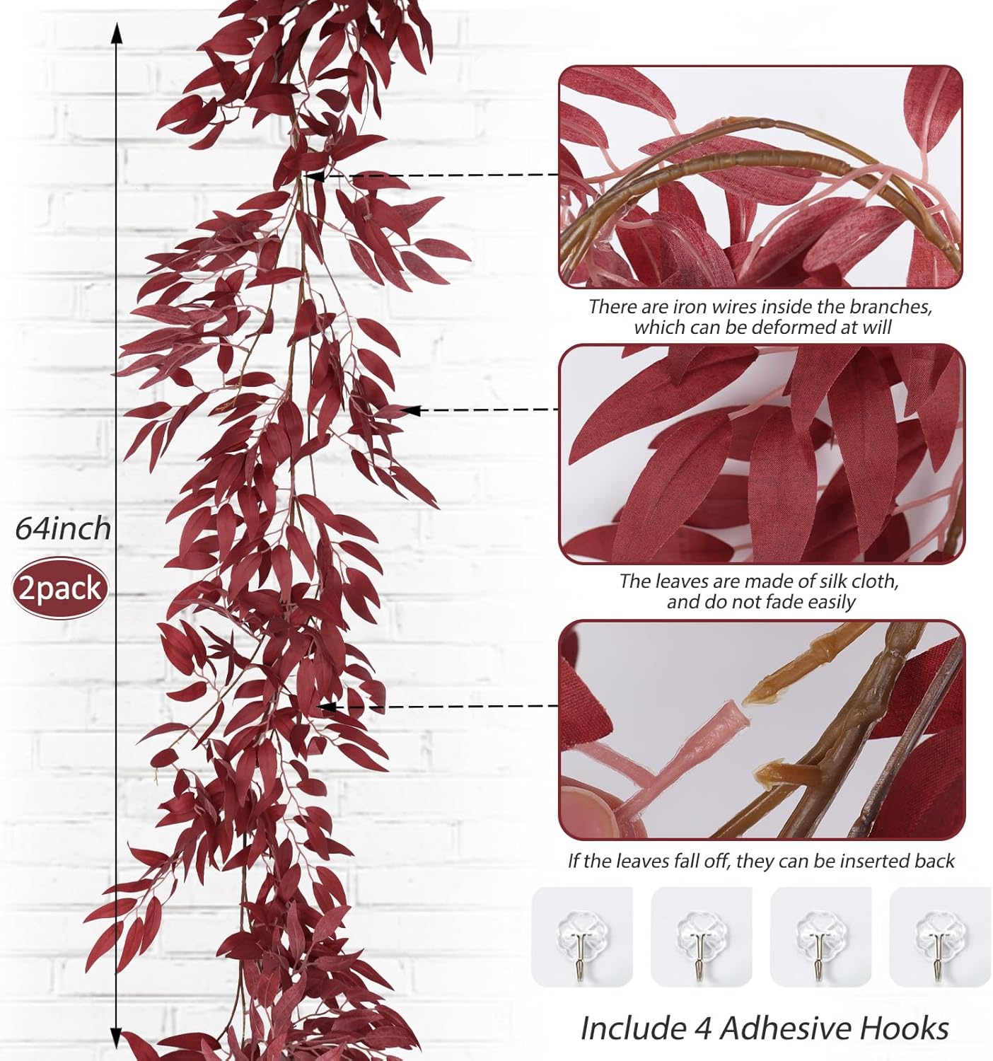 RECUTMS Artificial Hanging Willow Leaves Vine Twigs 2Pcs 5.7Ft Fake Silk Burgundy Leaf Ivy Fall Garland Faux Greenery Indoor Outdoor Valentines Day Wedding Birthday Christmas Thanksgiving Party Decor