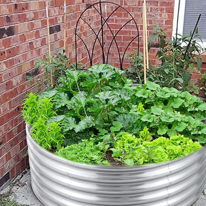 FORTUNO 2 Pcs 17" Tall 4 Ft Round Raised Garden Bed Box Galvanized Metal Outdoor High Flower Bed Steel Patio Ground Planter for Planting Vegetables and Herbs, Silver