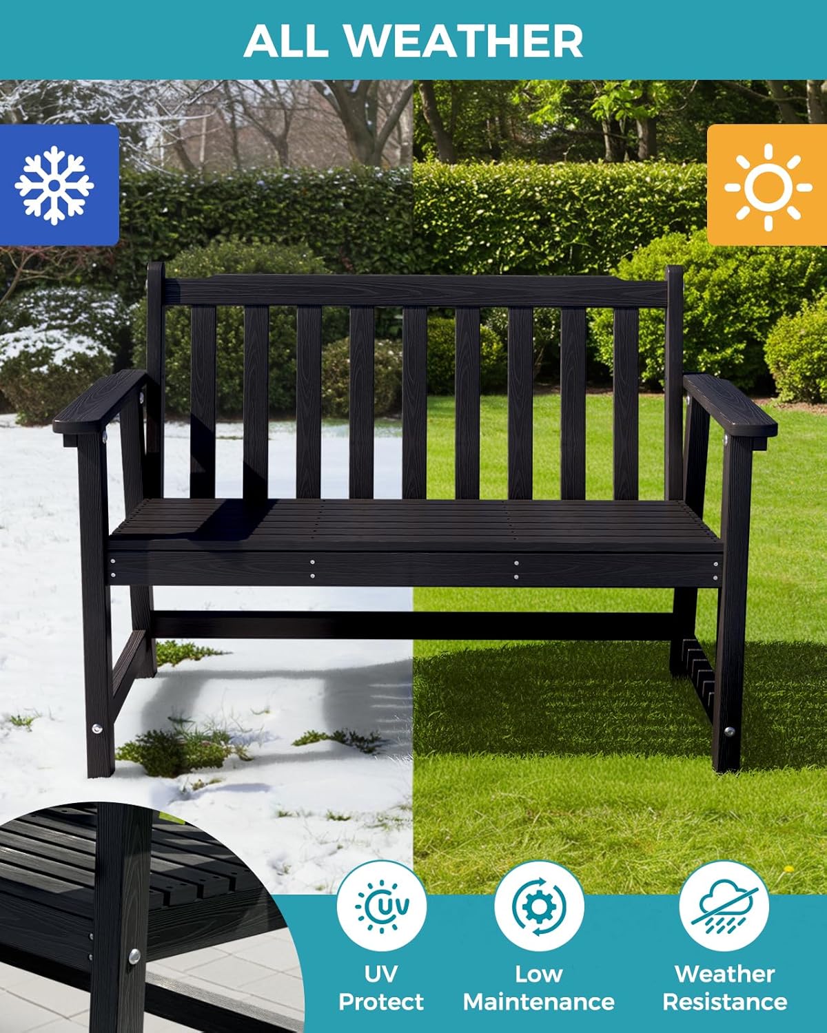 Outdoor Bench, 2-Person HDPE Garden Bench, All Weather Poly Patio Bench for Outdoors, Garden, Backyard, Porch and Park, 550 lbs Weight Capacity, Black, 2 Pack