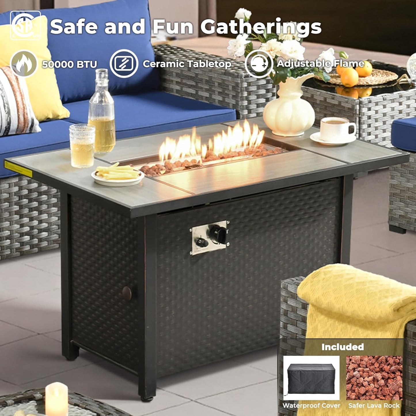 ovios 10 Pieces Patio Furniture Set, Outdoor Wicker Sectional Sofa with 42" Fire Pit Table Swivel Chairs, Modern Modular Deep Seat Rattan Couch Conversation Sets, Navy Blue