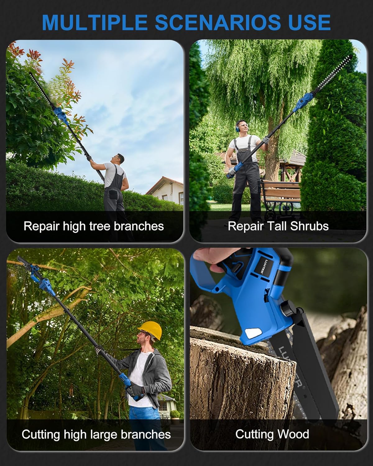 LUXTER 5-in-1 Cordless Pole Saw & Hedge Trimmer Brushless Electric Mini Chainsaw Auto Oiling 15-FT Max Reach Pole Saw for Tree Trimming Trimmer Limb Branch Cutter 2 X 2.0Ah Battery & Charger Include