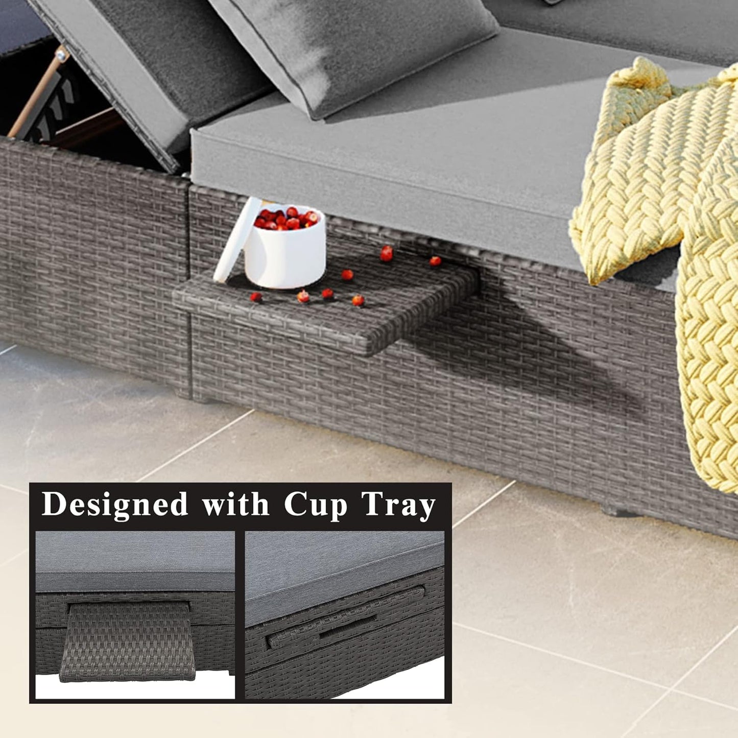 kevinplus Outdoor Daybed Patio Sunbed, Wicker Rattan Patio Reclining Chairs with Adjustable Backrest and Seat & Foldable Cupholder for Garden Poolside Balcony, Gray