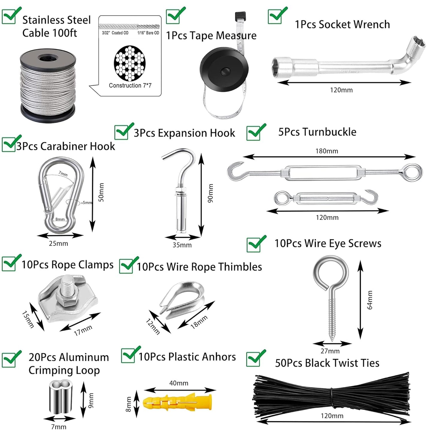 1/8" Stainless Steel Cable,1/8" Wire Rope,M5 Turnbuckle Kit,165FT Wire Tensioner for String Light Hanging Kit,Aircraft Cable,Guy Wire,Stainless Steel Wire Rope Kit