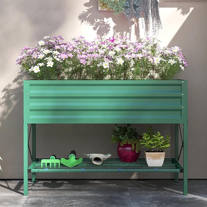 Outsunny Raised Garden Bed with Galvanized Steel Frame, Storage Shelf and Bed Liner, Elevated Planter Box with Legs for Vegetables, Flowers, Herbs, Green