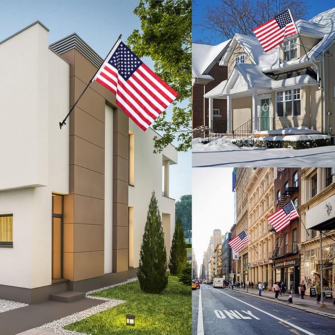 Quarut House Flag Pole Kit,Including 6Ft Stainless Steel Flag Pole,Heavy Duty Nylon 3x5 Ft American Flag,Aluminum Alloy Rings and Bracket.Wall Mounted Flagpole Set for Residential Commercial(Black)