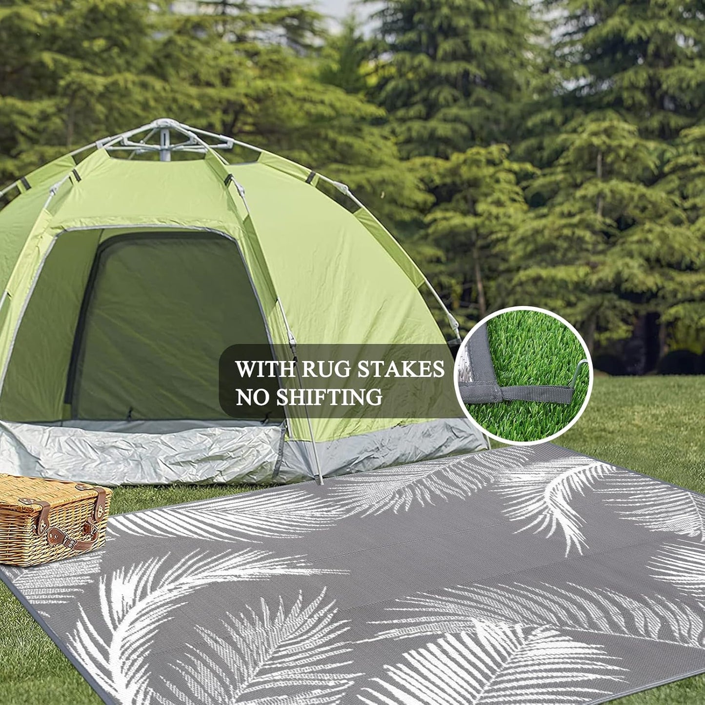 Pauwer Waterproof Outdoor Rug 8x10, Reversible Plastic Straw Patio Camping Rug, Indoor Outdoor RV Mat Carpet for Deck, Camper, Porch, Balcony, Backyard, Picnic, Leaf Grey