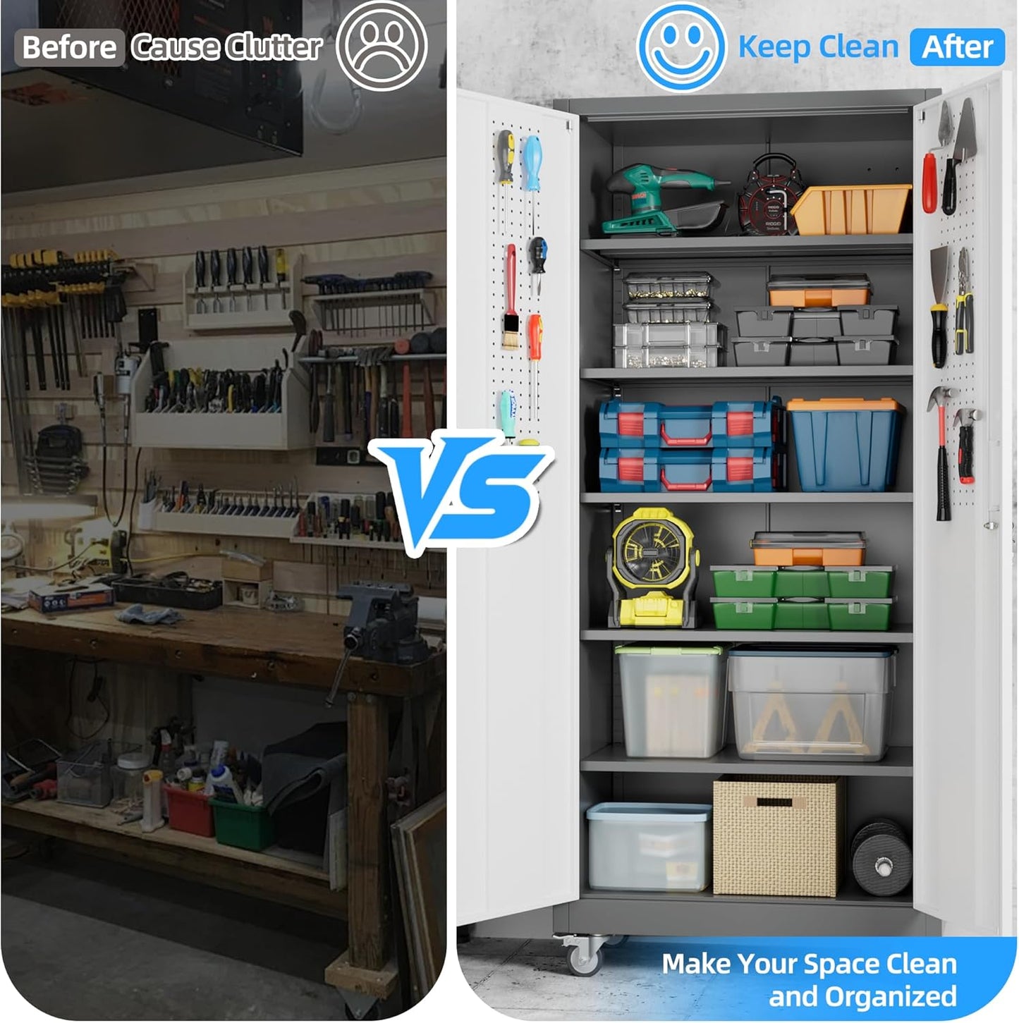 Metal Garage Storage Cabinet with Wheels & Pegboard, Lockable Metal Storage Cabinets with 2 Doors&5 Adjustable Shelves for Garage&Home,Assembly Required,Gray White 71''H x32''W x16''D