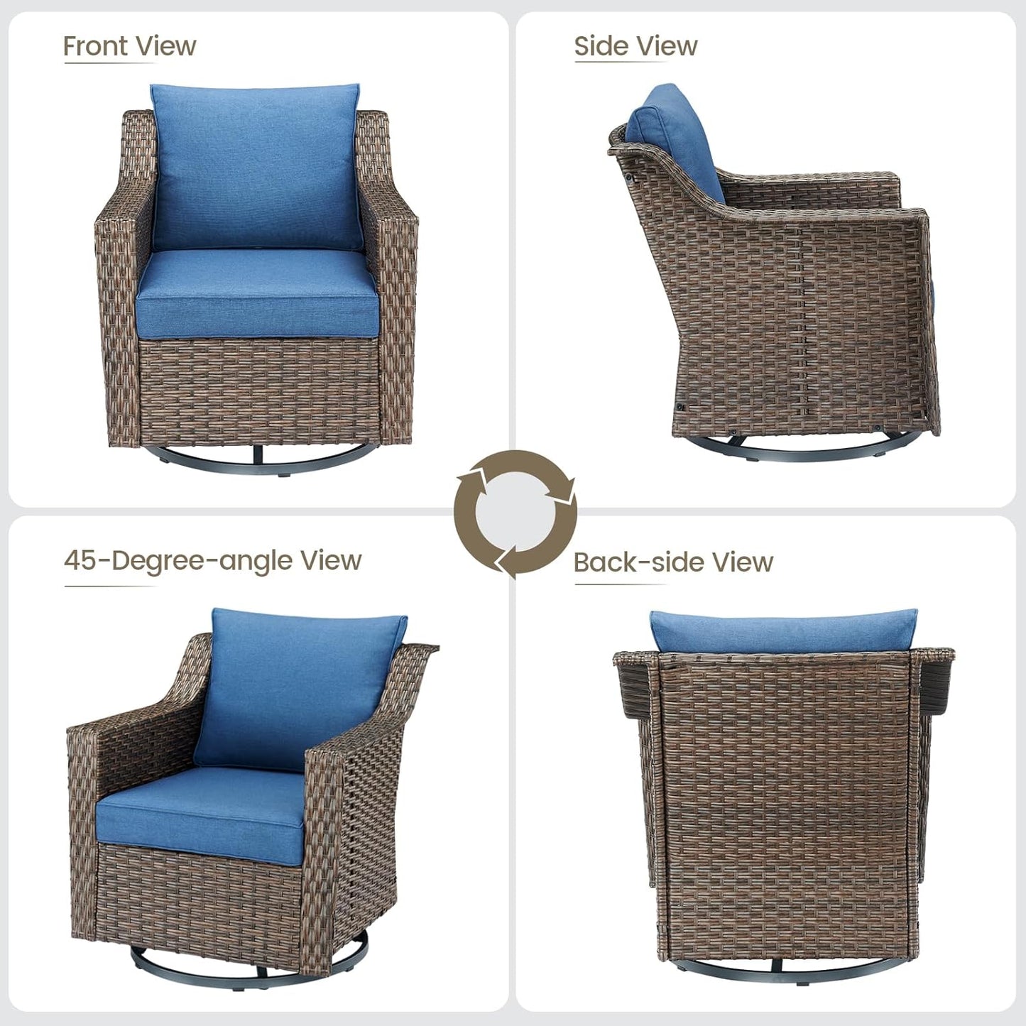 Outdoor Patio Wicker Swivel Chairs - Set of 2 Outside Resin Rattan Rocker Glider Gliding Chair Rocking Armchairs for Front Porch Balcony Backyard Yard Deck Poolside Apartment – Brown/Blue