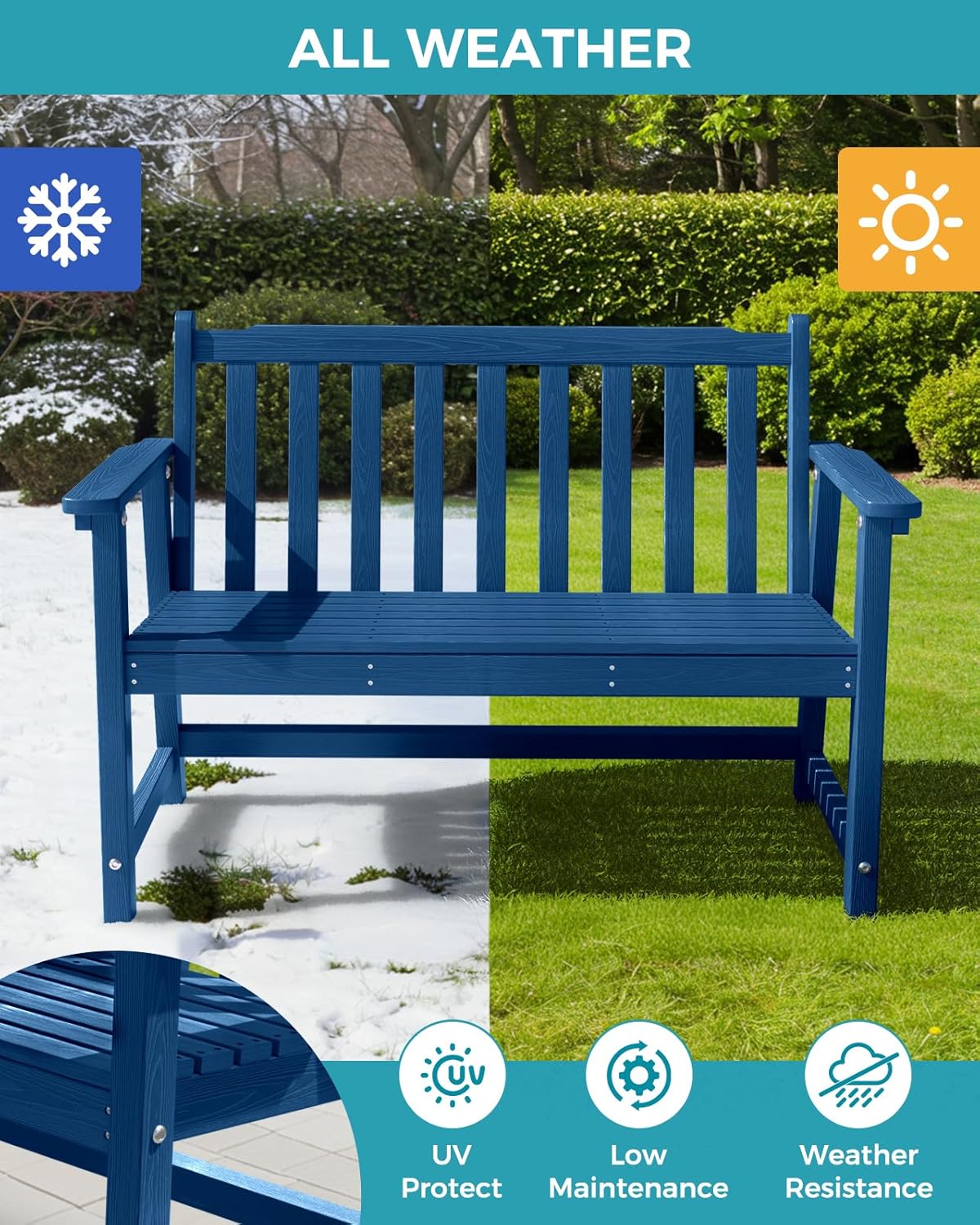 Outdoor Bench, 2-Person HDPE Garden Bench, All Weather Poly Patio Bench for Outdoors, Garden, Backyard, Porch and Park, 550 lbs Weight Capacity, Navy Blue, 2 Pack