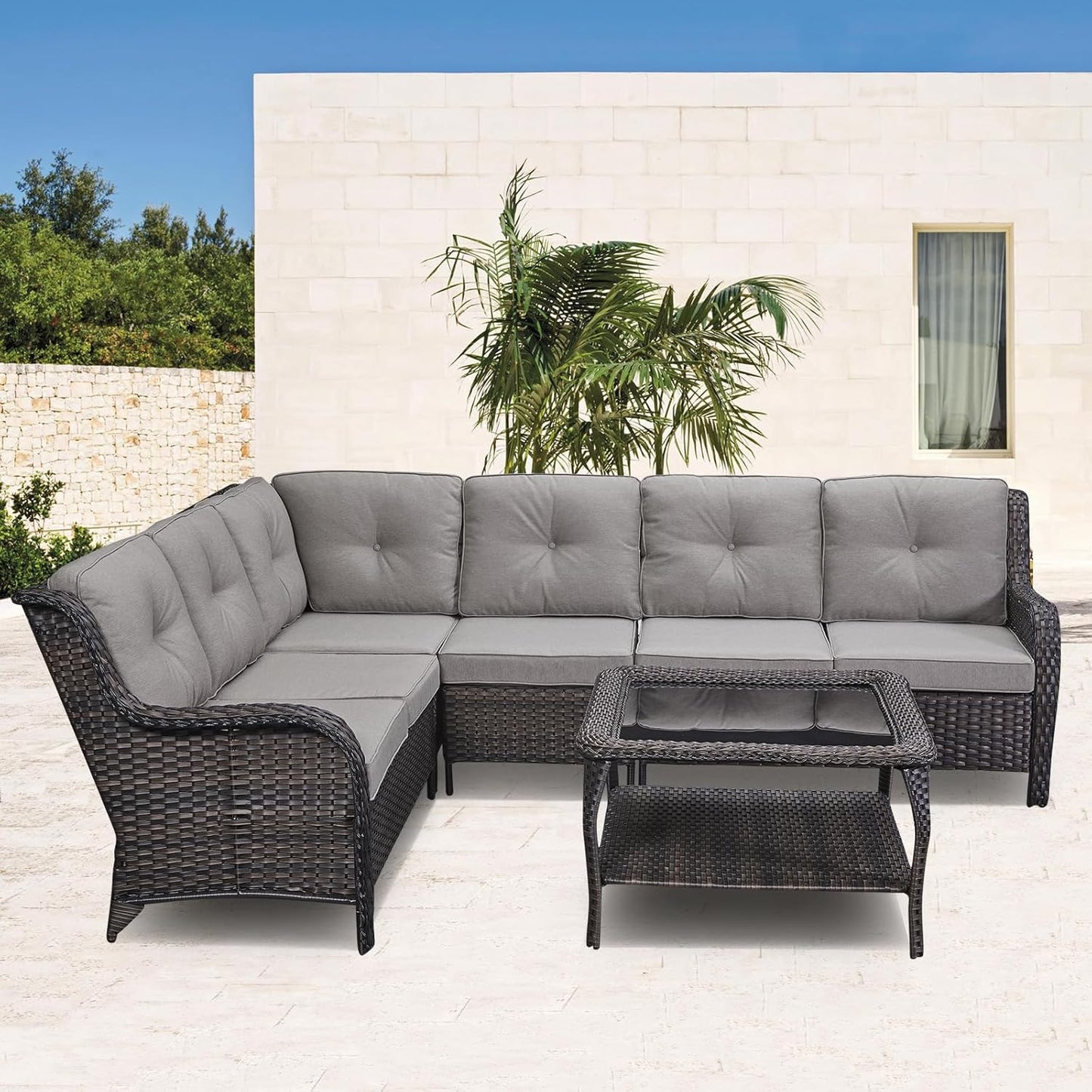 Patio Tables Outdoor Coffee Table - Wicker Rattan Coffee Tables with 2-Tier Storage Shelf Glass Top for Proch Deck Balcony Garden Squre Brown