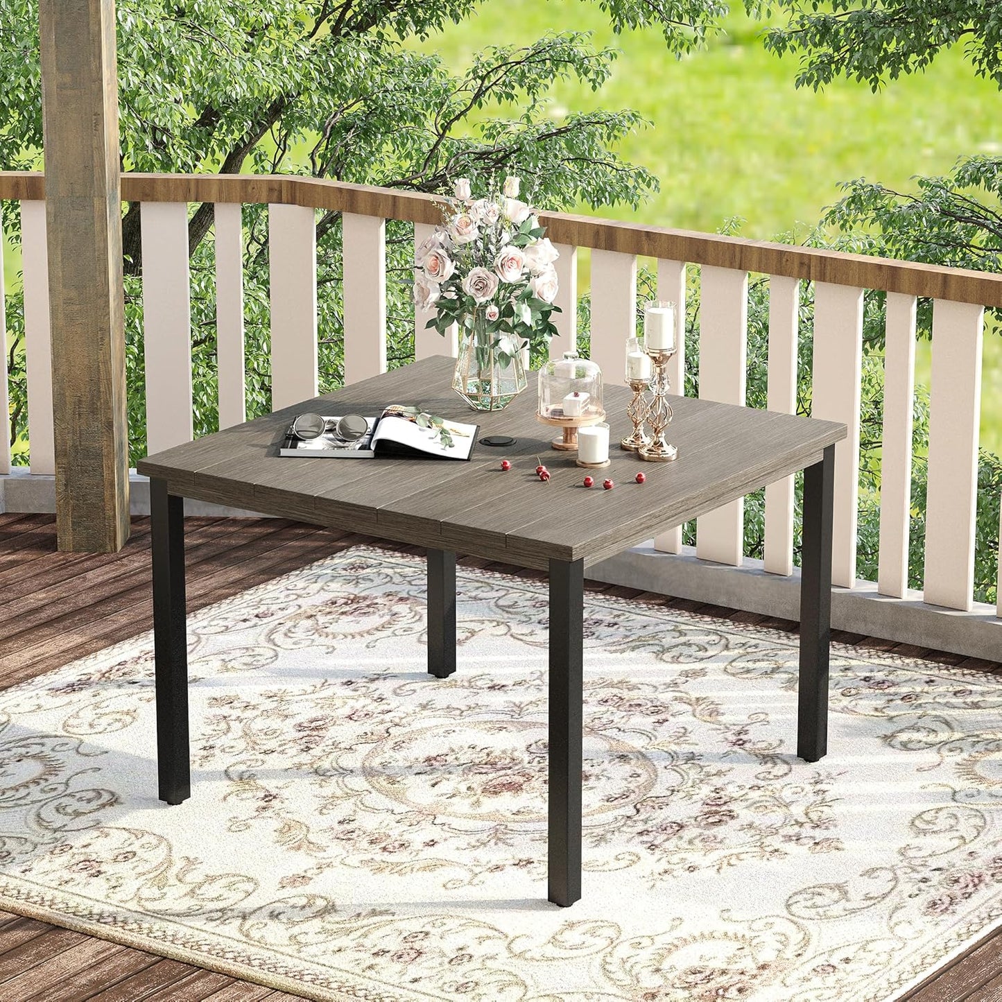 VICLLAX 40.2" Square Patio Dining Table for 4, Outdoor Table with Umbrella Hole, All Weather Metal Patio Table, Grey Wood Grain Tabletop