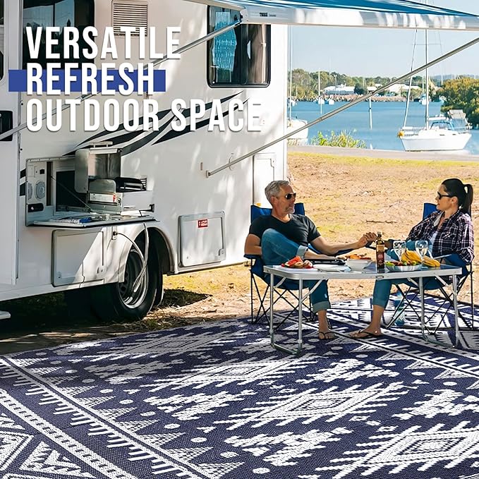 OLANLY Outdoor Rug Waterproof 9x18 ft, Reversible Outdoor Plastic Straw Rug, Boho Patio Rug, Indoor Outdoor Carpet, RV Mat Outside for Patio, Camp, Picnic, Balcony, Deck, Backyard, Navy & White