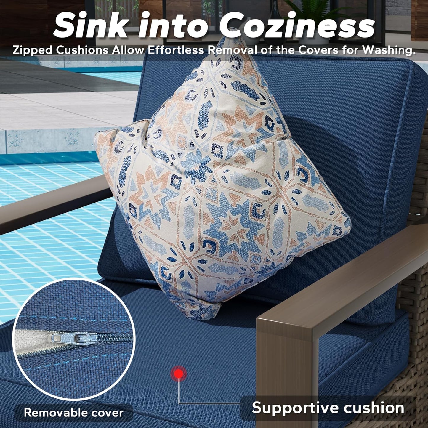 Outdoor Swivel Rocker Metal Chairs Set of 2 with Small Coffee Table - 3 Pieces Patio Bistro Set with Rectangular Framed Wood-Looking Metal Armrest, 360 Degree Glider Chairs, Dark Blue