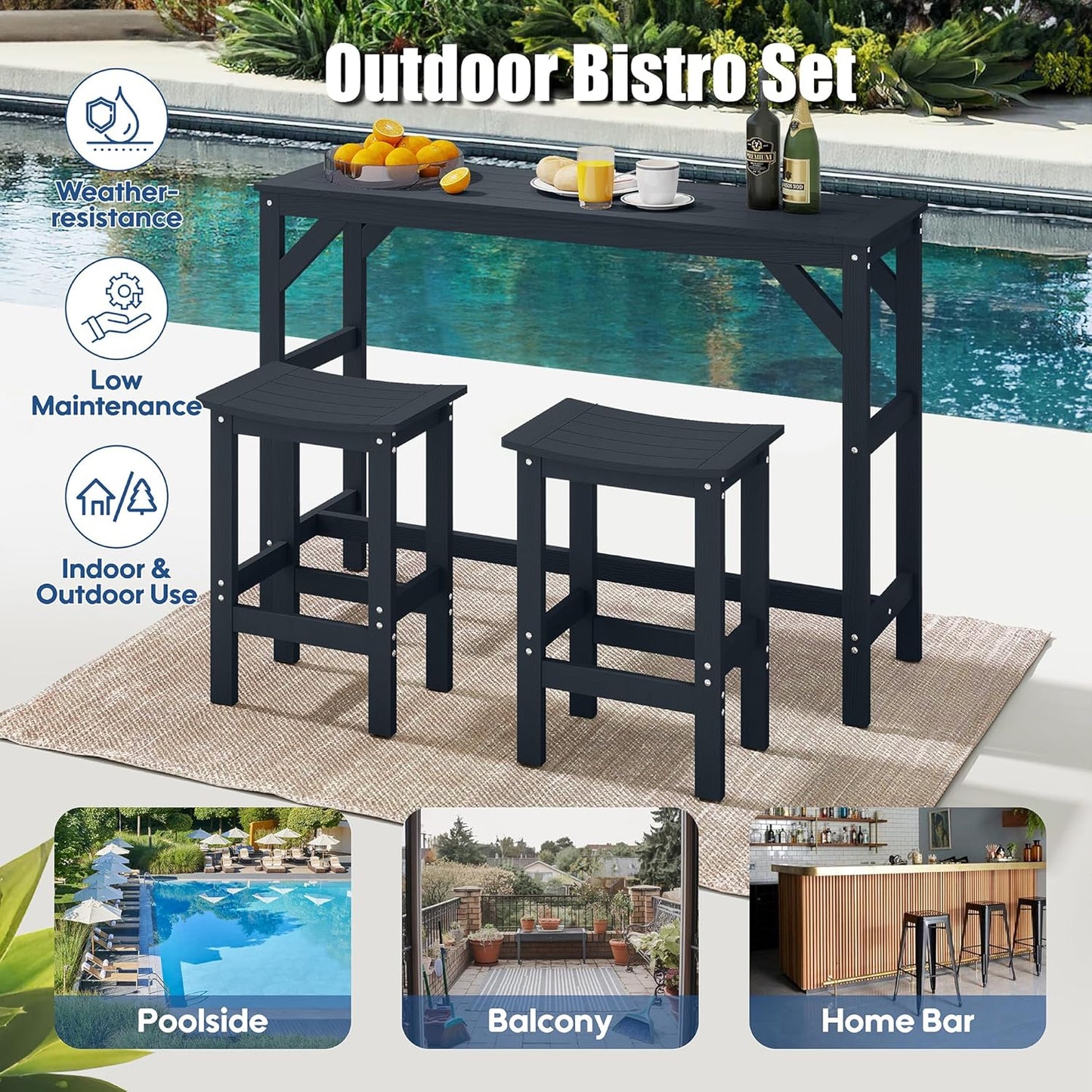 3Pcs HIPS Outdoor Patio Bar Set, All Weather HIPS Bar Table and Chairs Set for Outside, 55" Rectangular High Top Bar Table with 2 Bar Stools for Poolside, Patio, Balcony, Deck, Black