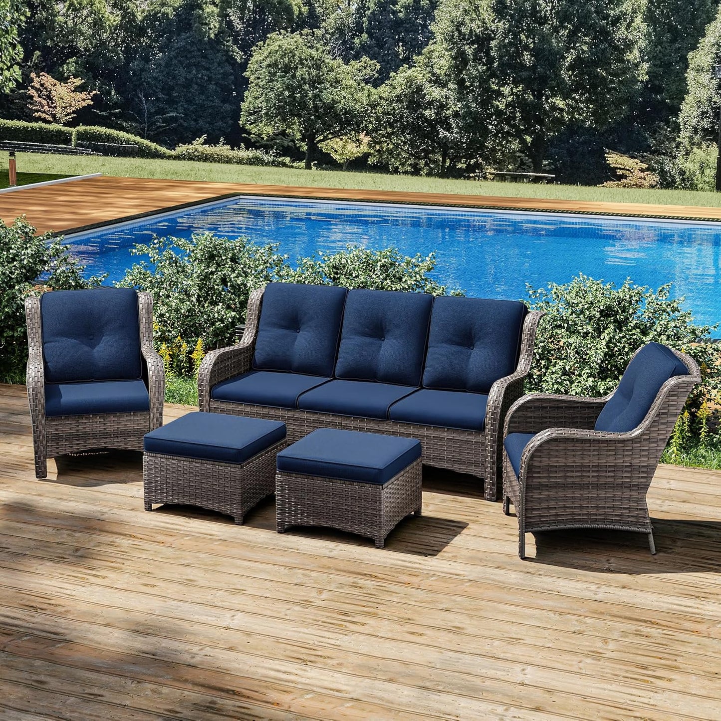 Joyside Patio Furniture Set 5-Piece Wicker Outdoor Furniture Conversational Set with 3-Seat Sofa, 2 Armchairs, 2 Ottoman Patio Rattan Wicker Sectional Sofa Set with Olefin Cushions(Mixed Grey/Blue)