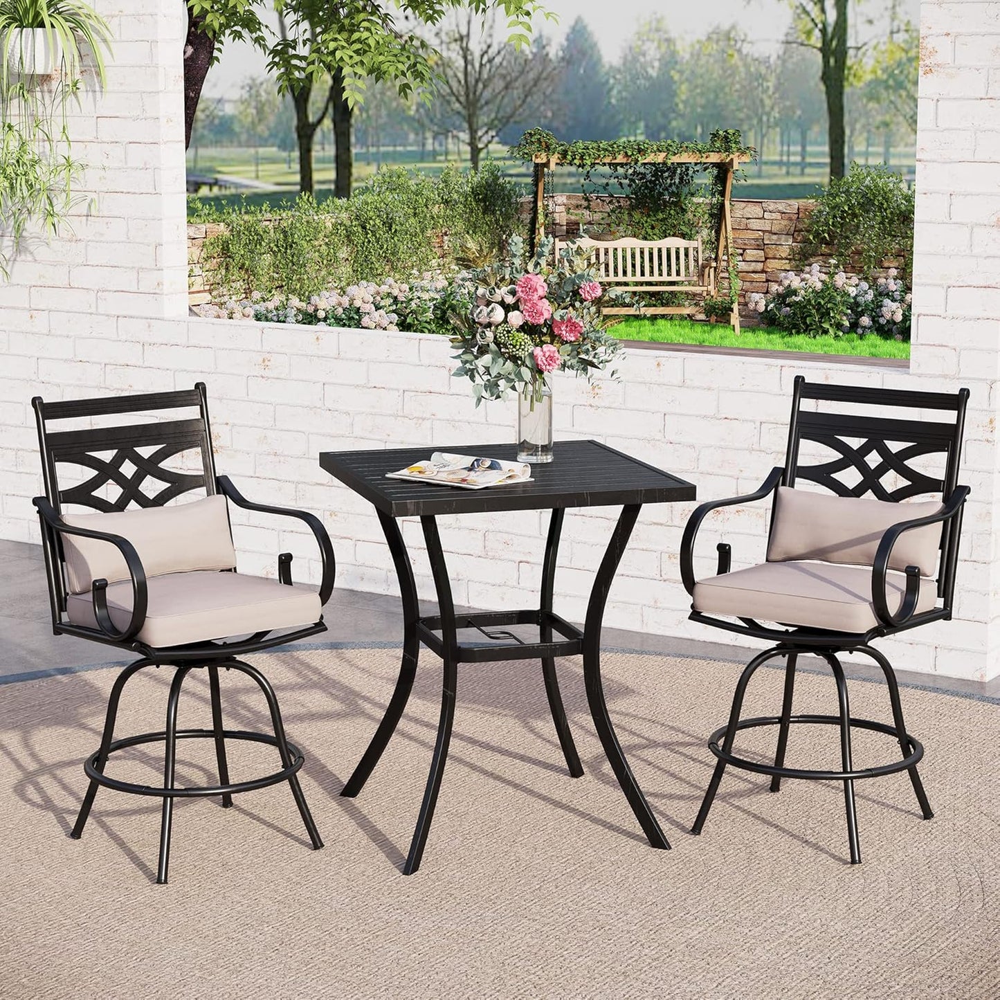 Sophia & William Patio Bar Set 3 Pieces Outdoor Bistro Bar Set with 2 Swivel Bar Stools and 1 Square Bar Height Table, All-Weather Metal Furniture with 1.57" Umbrella Hole and Beige Cushion