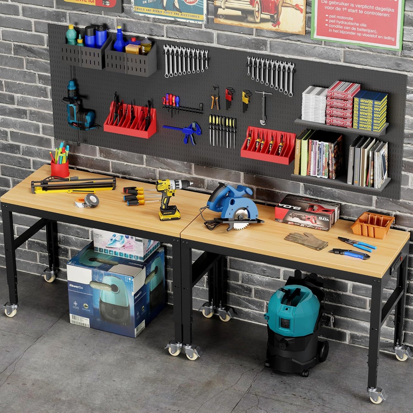 48” Adjustable Workbench,Heavy Duty Wood Work Bench 2000 Lbs Load Capacity,Work Table with Power Outlet and Wheels for Garage, Workshop, Office, Home